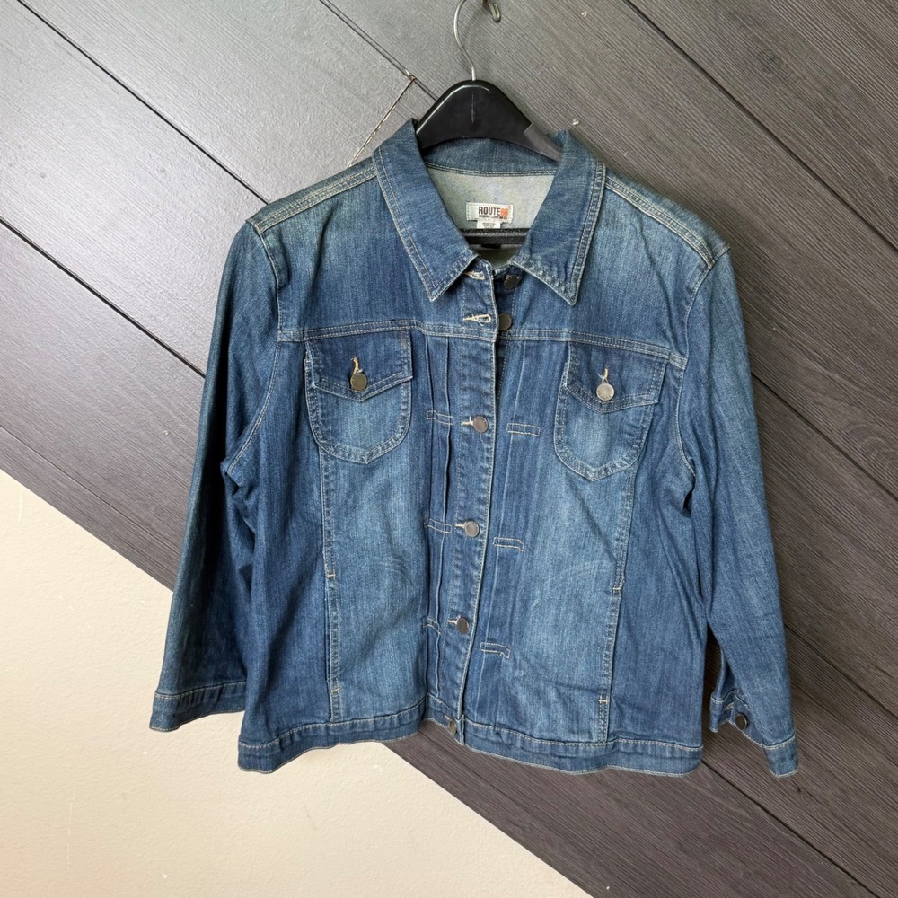 Route 66 Women's Denim Jacket Blue Stretch Button Front XL 3/4 Sleeve Casual